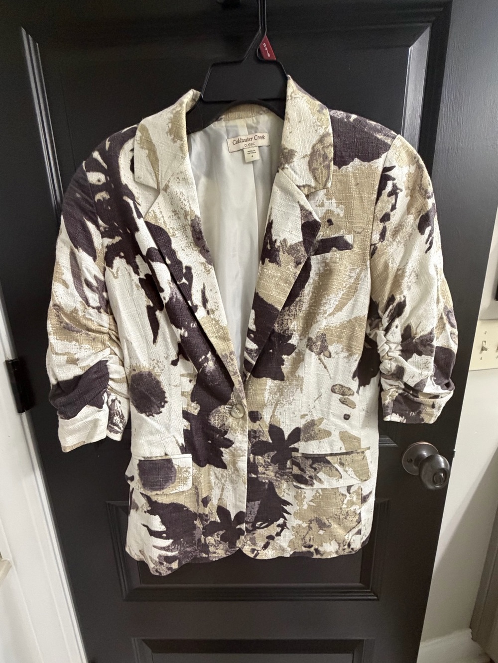 Coldwater Creek Classic Floral Linen Blend Blazer Size 4 Ruched Sleeve